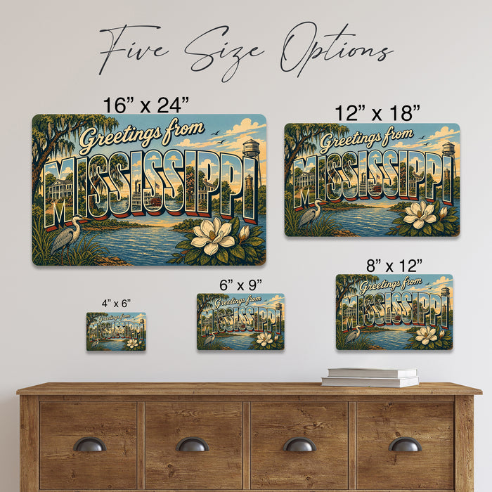 Greetings from Mississippi metal sign with horizontal vintage 'Greetings from Mississippi' large-letter postcard with