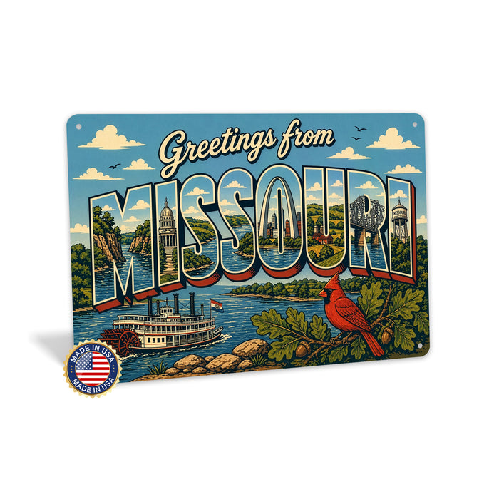 Greetings from Missouri metal sign with horizontal vintage 'Greetings from Missouri' large-letter postcard with St Louis
