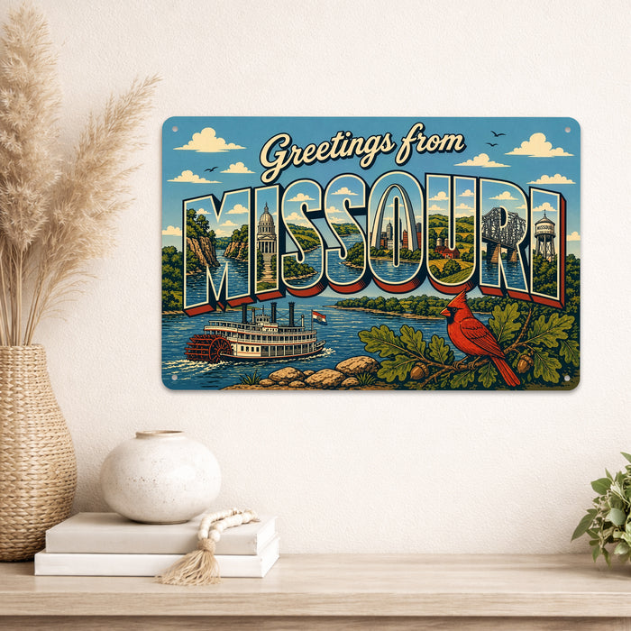 Greetings from Missouri metal sign with horizontal vintage 'Greetings from Missouri' large-letter postcard with St Louis