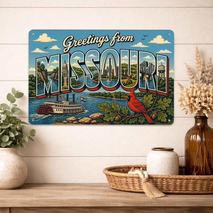 Greetings from Missouri metal sign with horizontal vintage 'Greetings from Missouri' large-letter postcard with St Louis