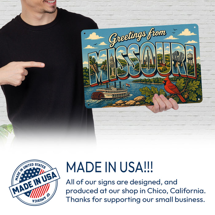 Greetings from Missouri metal sign with horizontal vintage 'Greetings from Missouri' large-letter postcard with St Louis