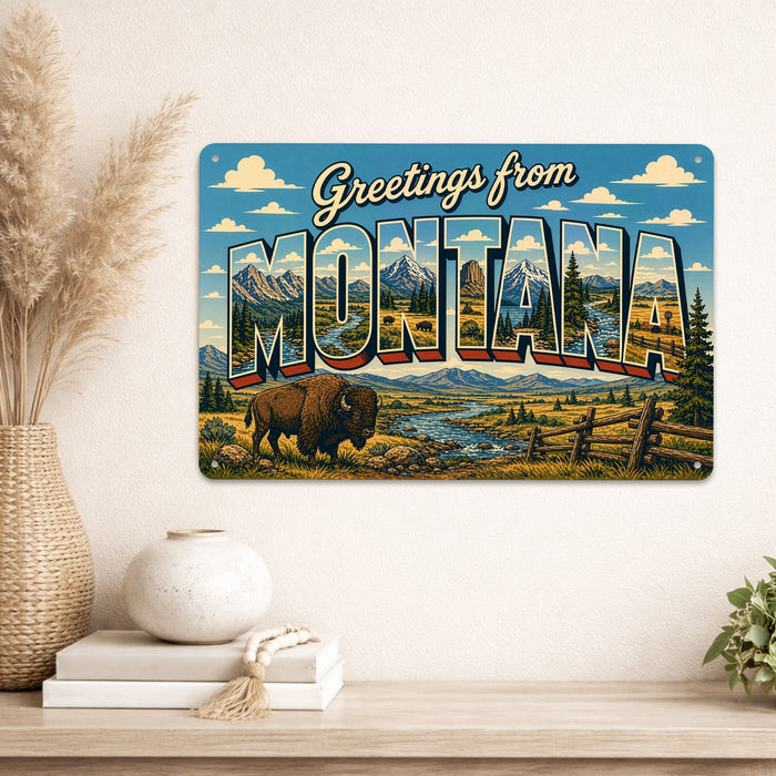 Greetings from Montana metal sign with horizontal vintage 'Greetings from Montana' large-letter postcard with Montana Rocky