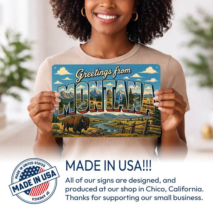 Greetings from Montana metal sign with horizontal vintage 'Greetings from Montana' large-letter postcard with Montana Rocky