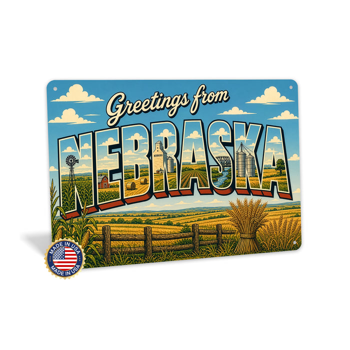 Greetings from Nebraska metal sign with horizontal vintage 'Greetings from Nebraska' large-letter postcard with Nebraska