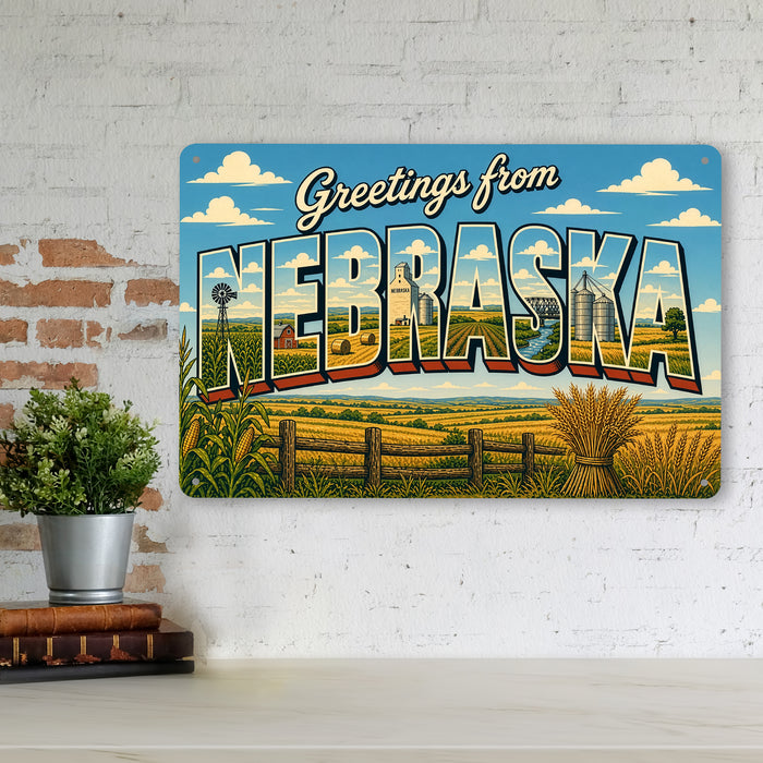 Greetings from Nebraska metal sign with horizontal vintage 'Greetings from Nebraska' large-letter postcard with Nebraska