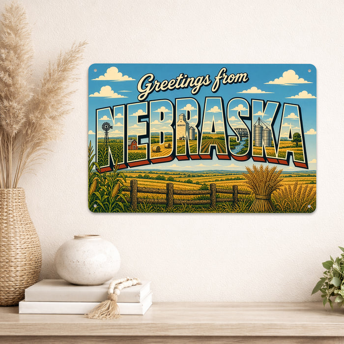 Greetings from Nebraska metal sign with horizontal vintage 'Greetings from Nebraska' large-letter postcard with Nebraska