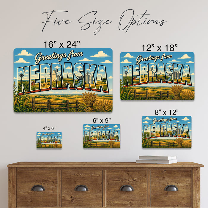 Greetings from Nebraska metal sign with horizontal vintage 'Greetings from Nebraska' large-letter postcard with Nebraska