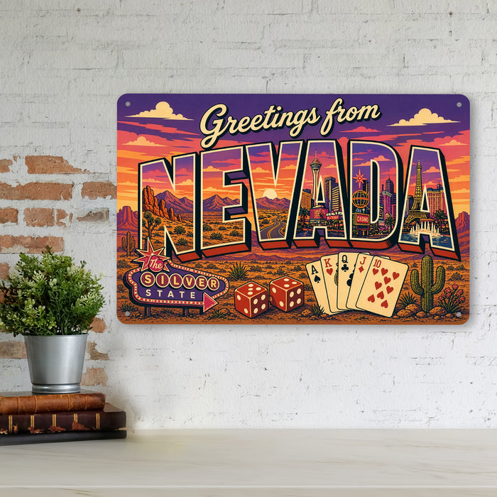 Greetings from Nevada metal sign with horizontal vintage 'Greetings from Nevada' large-letter postcard with Las Vegas Strip