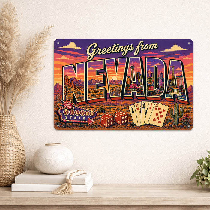 Greetings from Nevada metal sign with horizontal vintage 'Greetings from Nevada' large-letter postcard with Las Vegas Strip