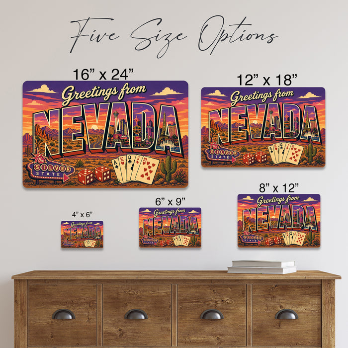 Greetings from Nevada metal sign with horizontal vintage 'Greetings from Nevada' large-letter postcard with Las Vegas Strip