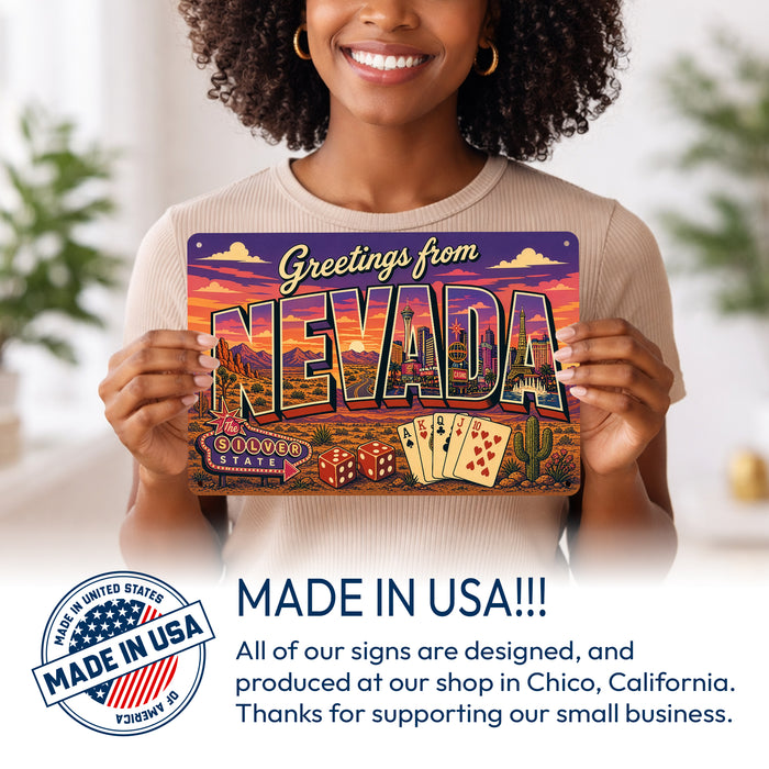 Greetings from Nevada metal sign with horizontal vintage 'Greetings from Nevada' large-letter postcard with Las Vegas Strip