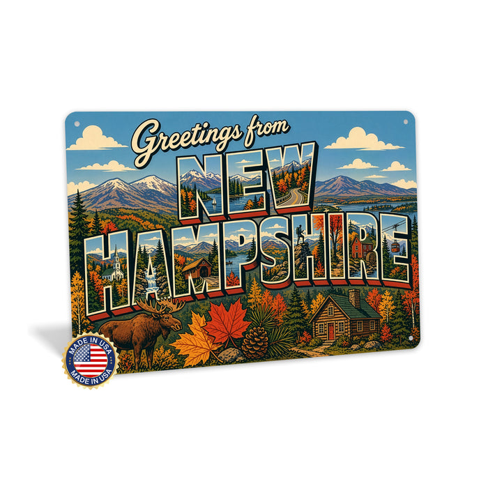Greetings from New Hampshire metal sign with horizontal vintage 'Greetings from New Hampshire' large-letter postcard with