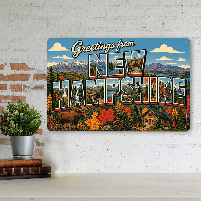 Greetings from New Hampshire metal sign with horizontal vintage 'Greetings from New Hampshire' large-letter postcard with