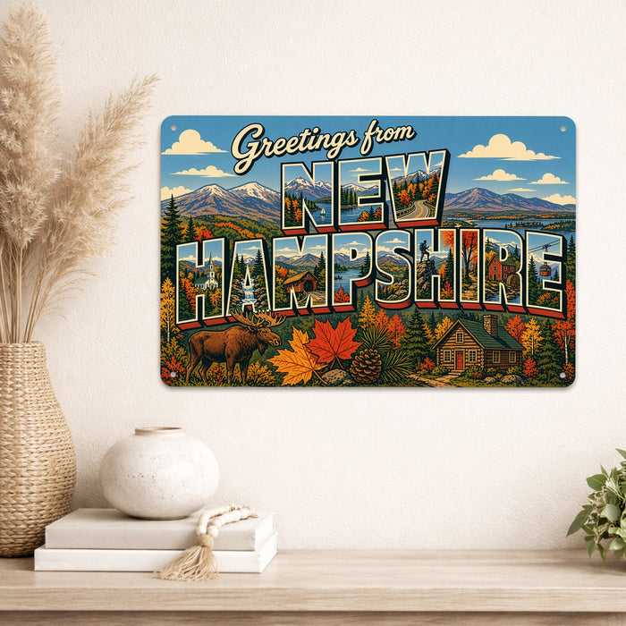 Greetings from New Hampshire metal sign with horizontal vintage 'Greetings from New Hampshire' large-letter postcard with