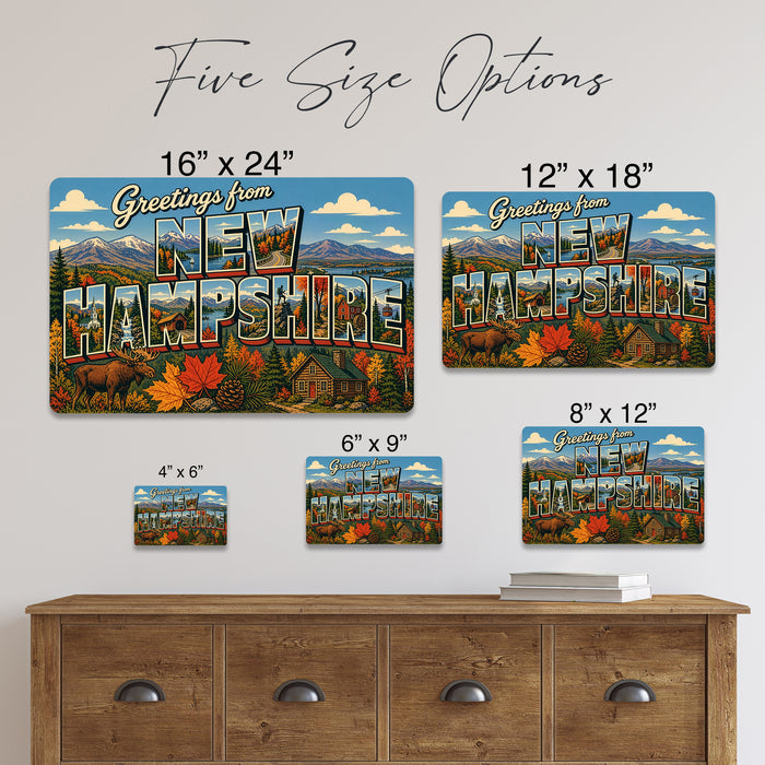 Greetings from New Hampshire metal sign with horizontal vintage 'Greetings from New Hampshire' large-letter postcard with