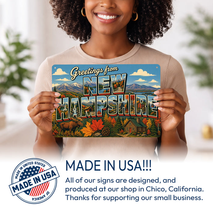 Greetings from New Hampshire metal sign with horizontal vintage 'Greetings from New Hampshire' large-letter postcard with