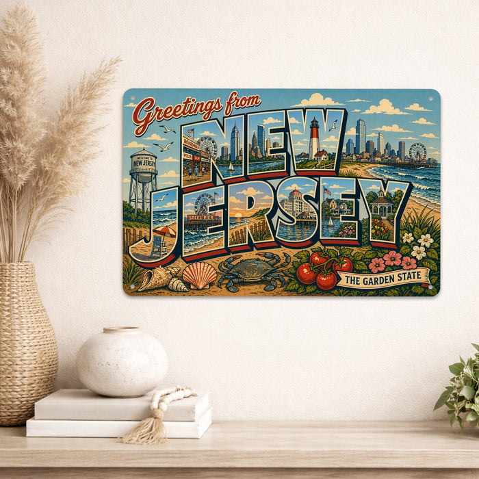 Greetings from New Jersey metal sign with horizontal vintage 'Greetings from New Jersey' large-letter postcard with Jersey