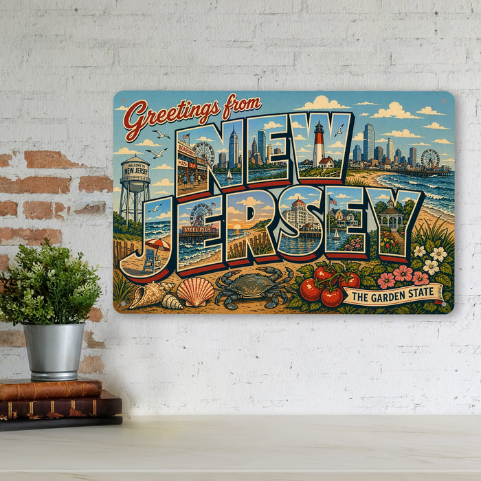 Greetings from New Jersey metal sign with horizontal vintage 'Greetings from New Jersey' large-letter postcard with Jersey