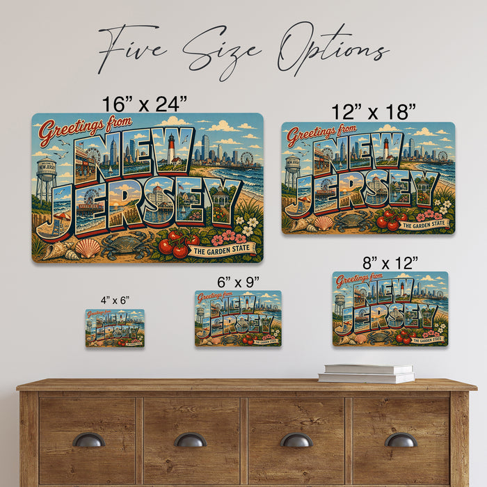 Greetings from New Jersey metal sign with horizontal vintage 'Greetings from New Jersey' large-letter postcard with Jersey