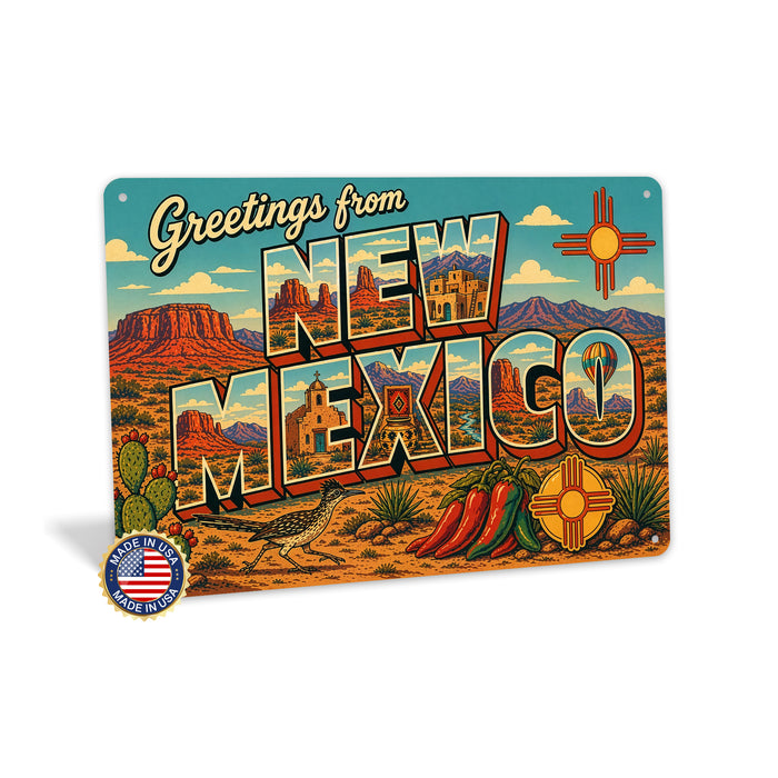 Greetings from New Mexico metal sign with horizontal vintage 'Greetings from New Mexico' large-letter postcard with red rock