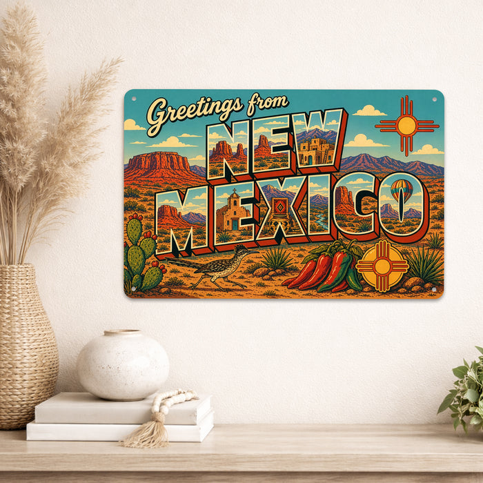 Greetings from New Mexico metal sign with horizontal vintage 'Greetings from New Mexico' large-letter postcard with red rock