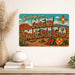 Greetings from New Mexico metal sign with horizontal vintage 'Greetings from New Mexico' large-letter postcard with red rock