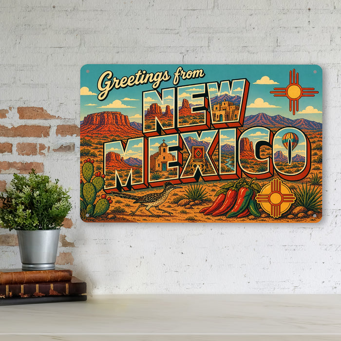 Greetings from New Mexico metal sign with horizontal vintage 'Greetings from New Mexico' large-letter postcard with red rock