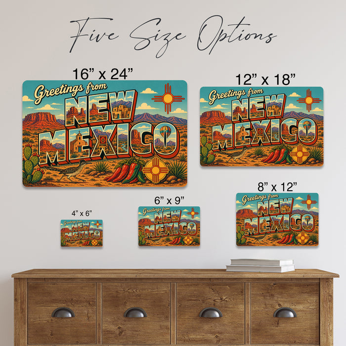 Greetings from New Mexico metal sign with horizontal vintage 'Greetings from New Mexico' large-letter postcard with red rock