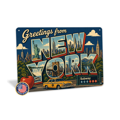 Greetings from New York metal sign with horizontal vintage 'Greetings from New York' large-letter postcard with Manhattan