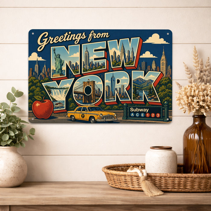 Greetings from New York metal sign with horizontal vintage 'Greetings from New York' large-letter postcard with Manhattan