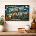 Greetings from New York metal sign with horizontal vintage 'Greetings from New York' large-letter postcard with Manhattan