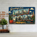 Greetings from New York metal sign with horizontal vintage 'Greetings from New York' large-letter postcard with Manhattan