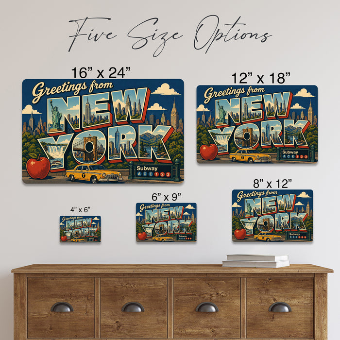 Greetings from New York metal sign with horizontal vintage 'Greetings from New York' large-letter postcard with Manhattan