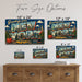 Greetings from New York metal sign with horizontal vintage 'Greetings from New York' large-letter postcard with Manhattan
