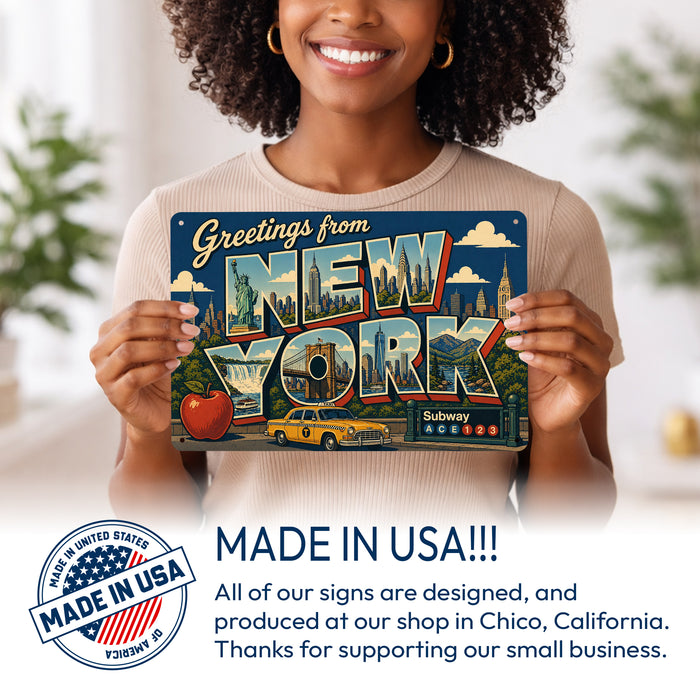 Greetings from New York metal sign with horizontal vintage 'Greetings from New York' large-letter postcard with Manhattan