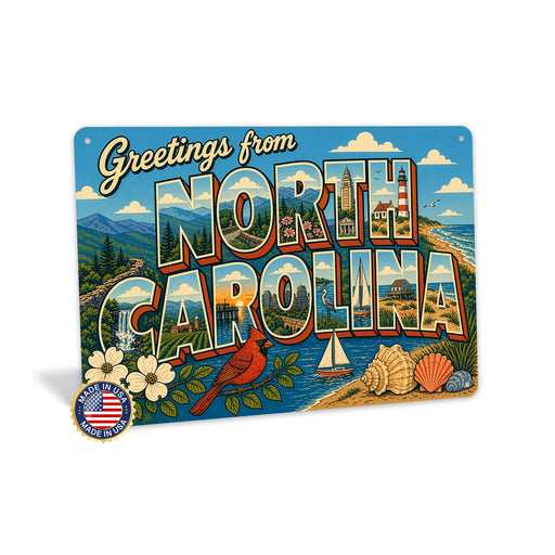 Greetings from North Carolina metal sign with horizontal vintage 'Greetings from North Carolina' large-letter postcard with