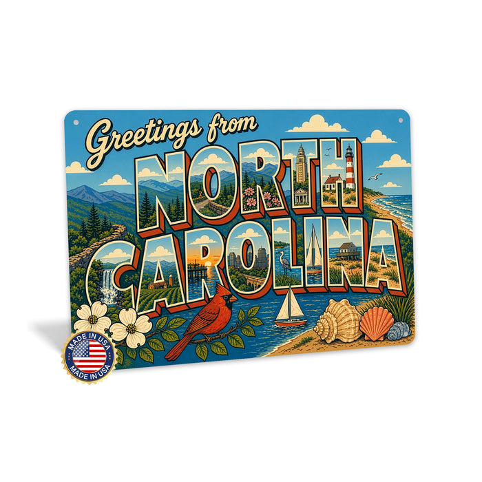 Greetings from North Carolina metal sign with horizontal vintage 'Greetings from North Carolina' large-letter postcard with