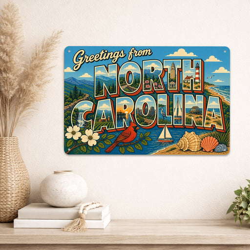 Greetings from North Carolina metal sign with horizontal vintage 'Greetings from North Carolina' large-letter postcard with