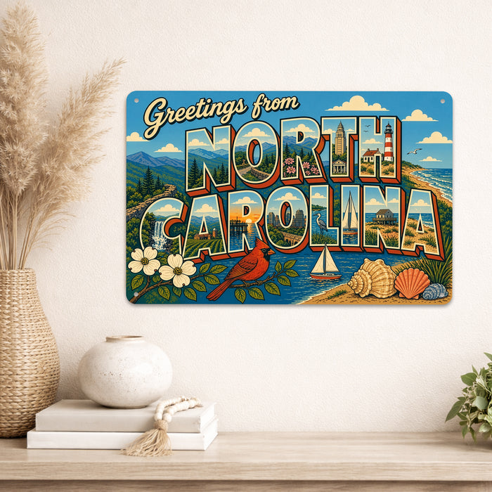 Greetings from North Carolina metal sign with horizontal vintage 'Greetings from North Carolina' large-letter postcard with