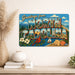 Greetings from North Carolina metal sign with horizontal vintage 'Greetings from North Carolina' large-letter postcard with