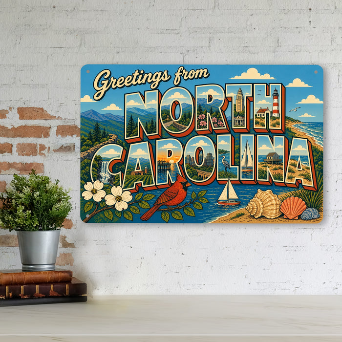 Greetings from North Carolina metal sign with horizontal vintage 'Greetings from North Carolina' large-letter postcard with