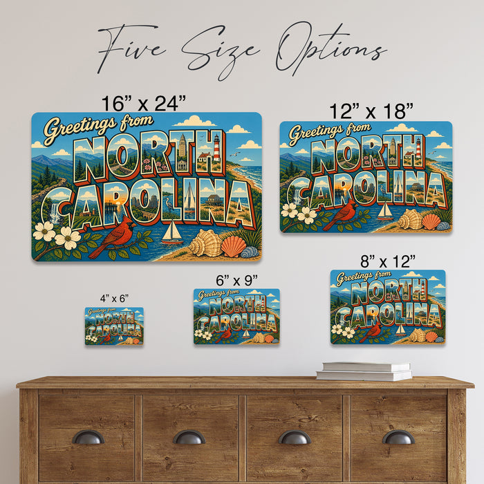 Greetings from North Carolina metal sign with horizontal vintage 'Greetings from North Carolina' large-letter postcard with