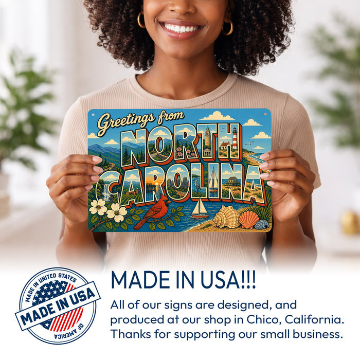 Greetings from North Carolina metal sign with horizontal vintage 'Greetings from North Carolina' large-letter postcard with