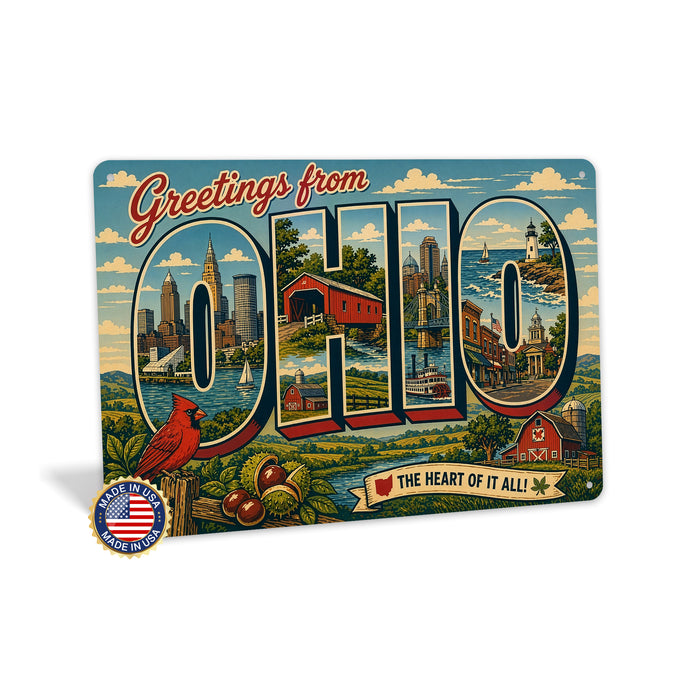 Greetings from Ohio metal sign with horizontal vintage 'Greetings from Ohio' large-letter postcard with Cleveland and