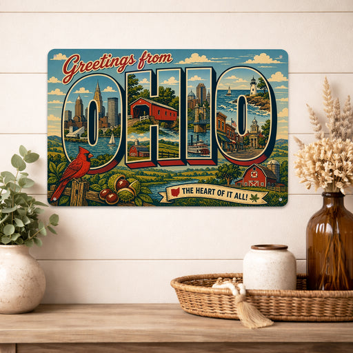 Greetings from Ohio metal sign with horizontal vintage 'Greetings from Ohio' large-letter postcard with Cleveland and
