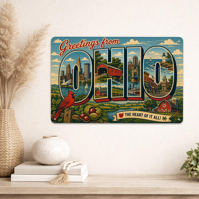 Greetings from Ohio metal sign with horizontal vintage 'Greetings from Ohio' large-letter postcard with Cleveland and