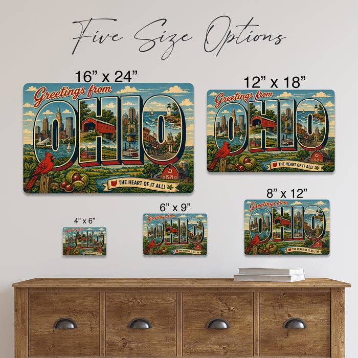 Greetings from Ohio metal sign with horizontal vintage 'Greetings from Ohio' large-letter postcard with Cleveland and