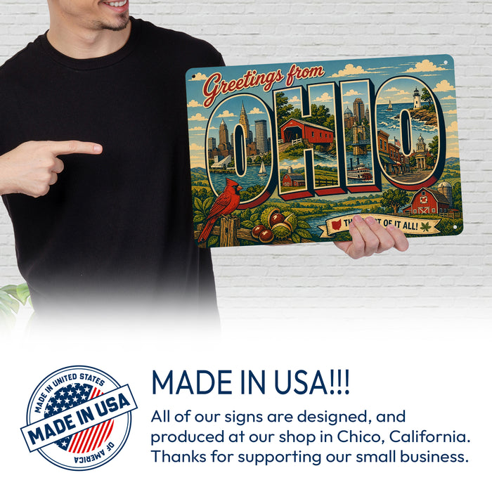 Greetings from Ohio metal sign with horizontal vintage 'Greetings from Ohio' large-letter postcard with Cleveland and