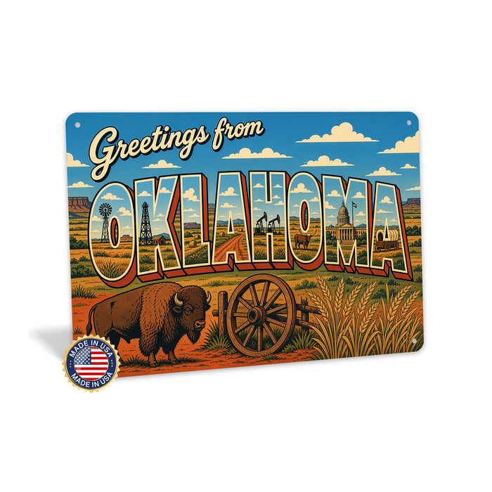 Greetings from Oklahoma metal sign with horizontal vintage 'Greetings from Oklahoma' large-letter postcard with Oklahoma