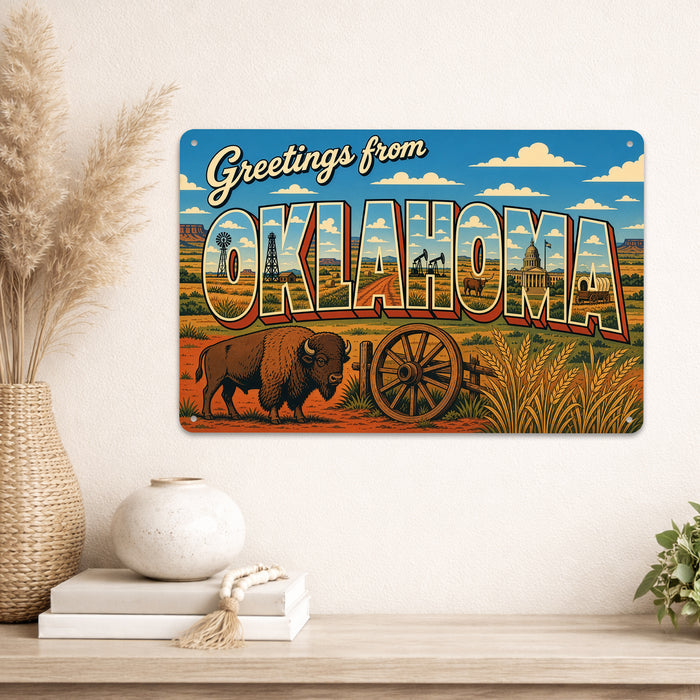 Greetings from Oklahoma metal sign with horizontal vintage 'Greetings from Oklahoma' large-letter postcard with Oklahoma